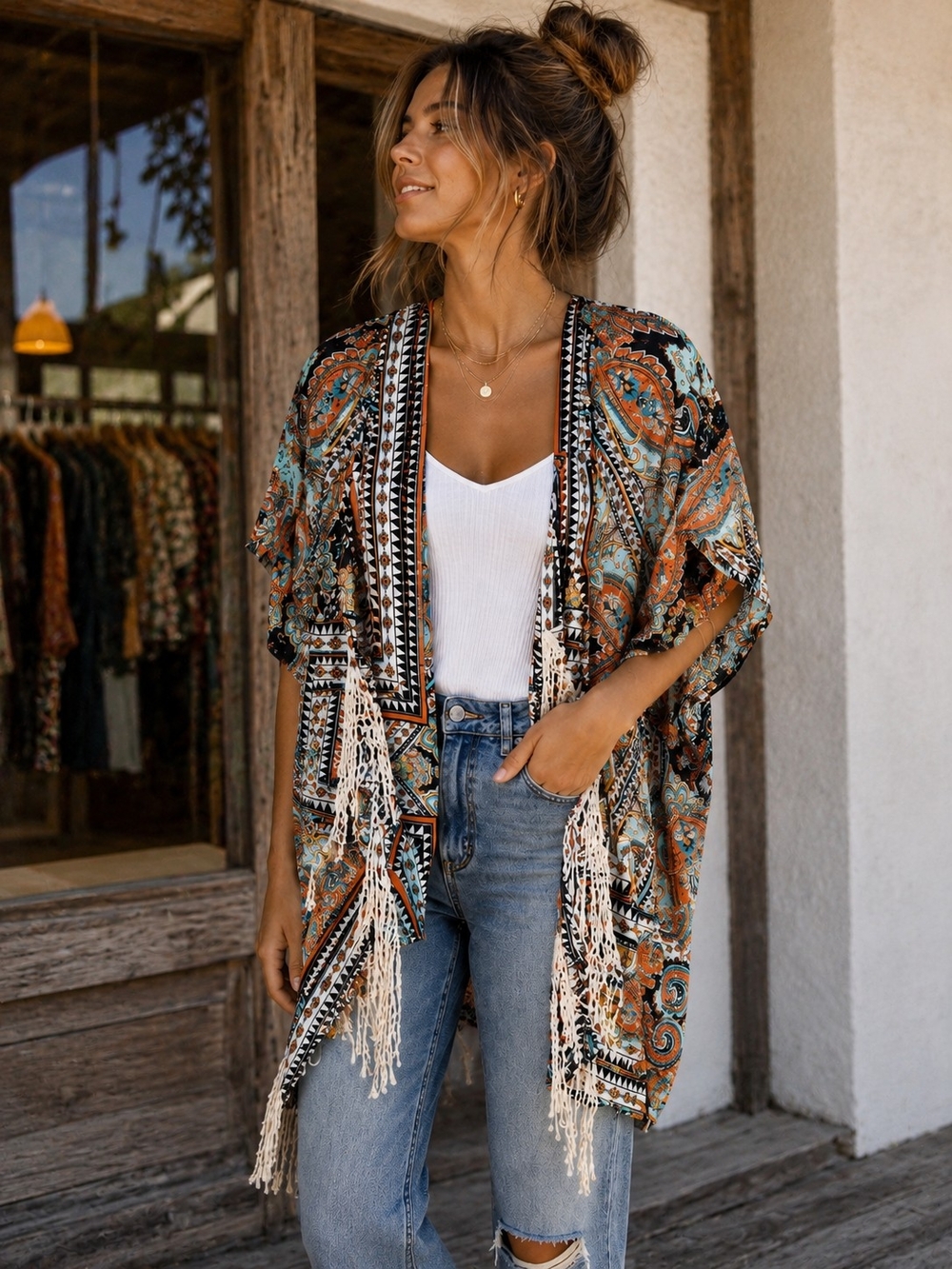 CATO Boho Fringe Kimono Cover-Up in Teal & Rust